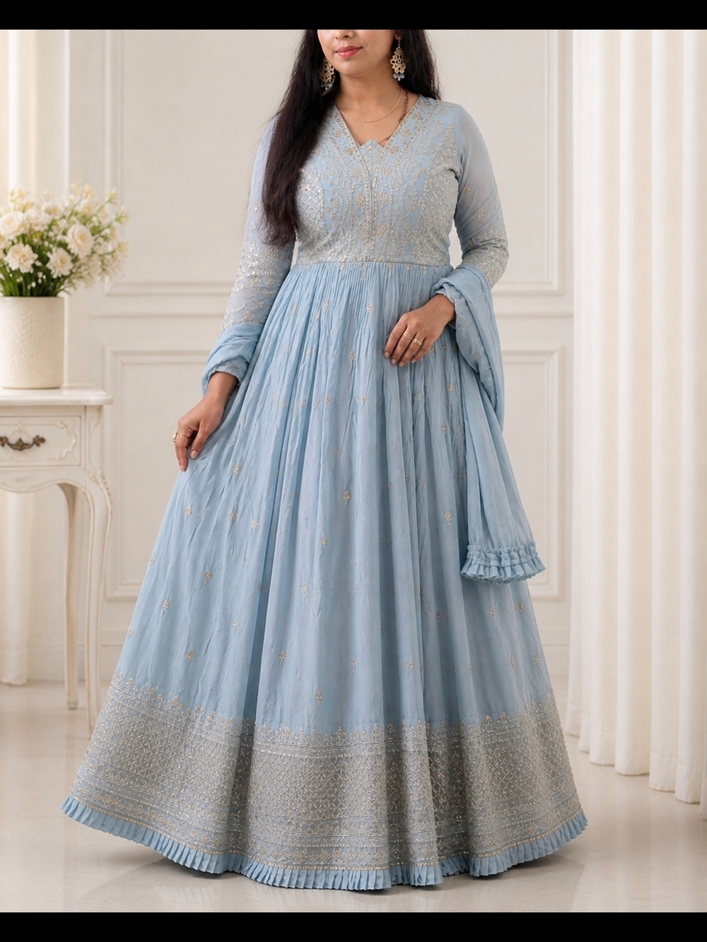 Light Blue Embroidered Anarkali Dress with Dupatta